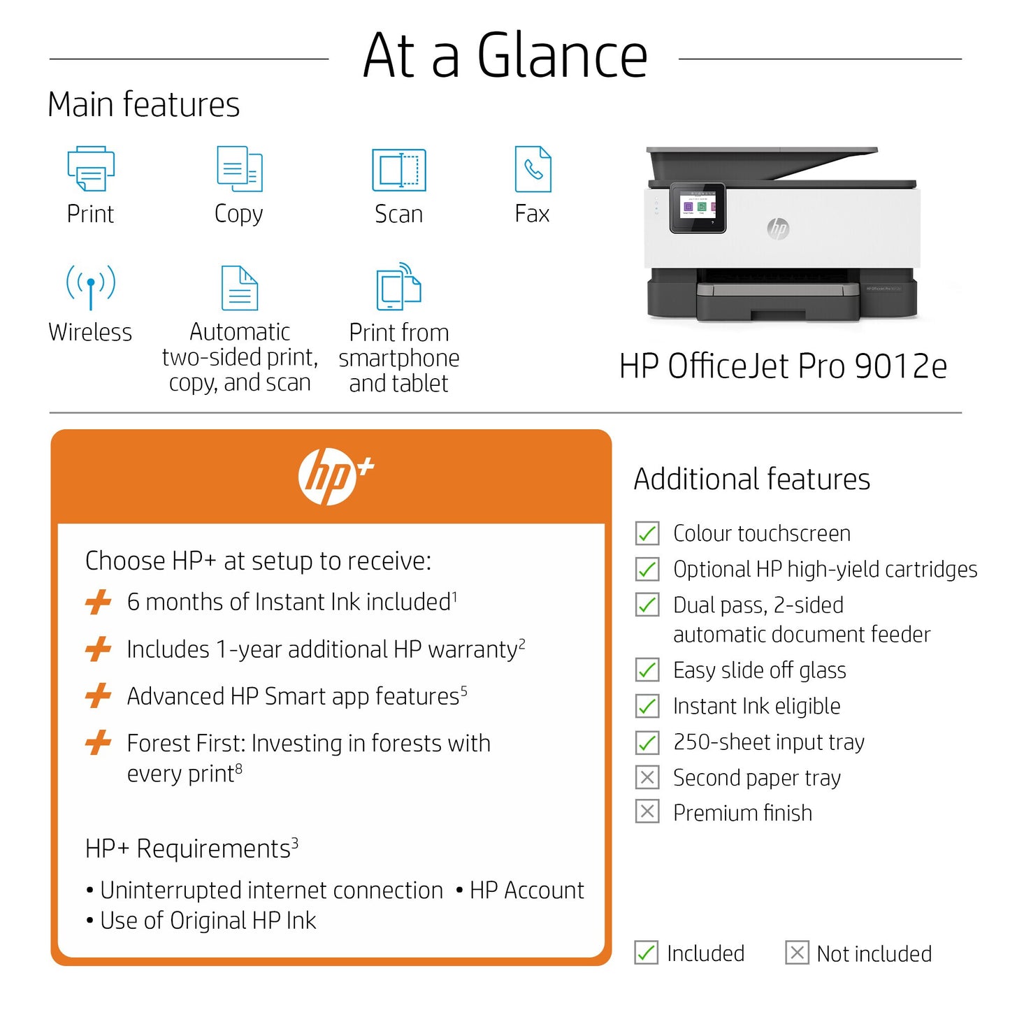 HP OfficeJet Pro 9012e Wireless All-in-One Color Printer, Instant Ink; Two-sided printing