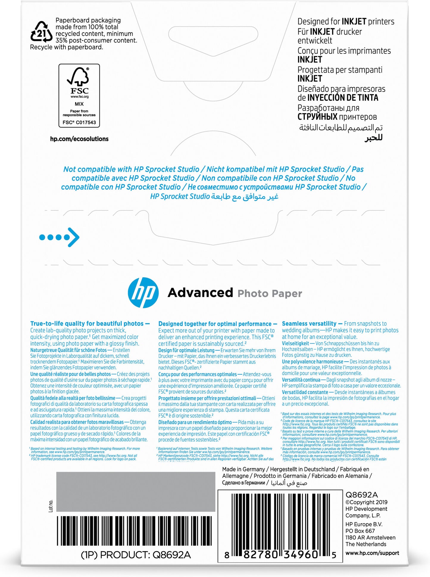 HP Advanced Glossy Photo Paper-100 sht/10 x 15 cm borderless