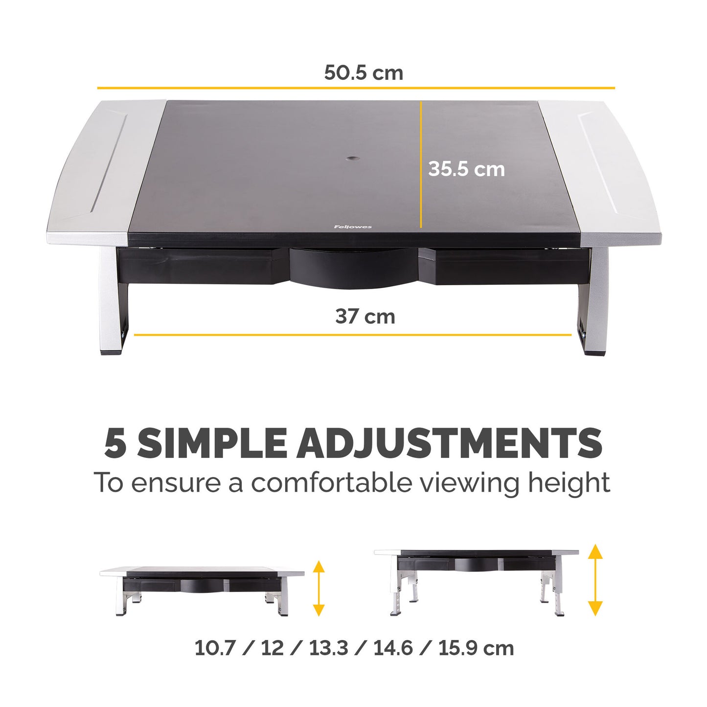 Fellowes Computer Monitor Stand with 5 Height Adjustments - Office Suites Monitor Riser with Storage Tray - Ergonomic Adjustable Monitor Stand for Computers - Max Weight 36KG/Max Size 28" - Graphite