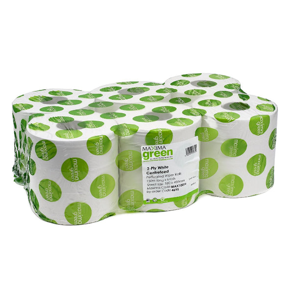 Maxima Green 2-Ply White Centrefeed Hand Wiper 150 Metres (Pack of 6) KMAX4695G