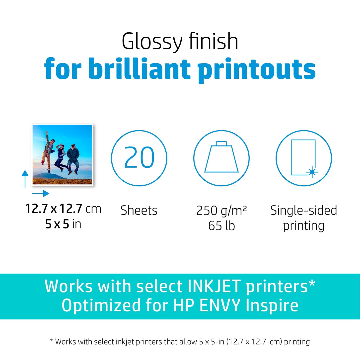HP Advanced Photo Paper, Glossy, 65 lb, 5 x 5 in. (127 x 127 mm), 20 sheets