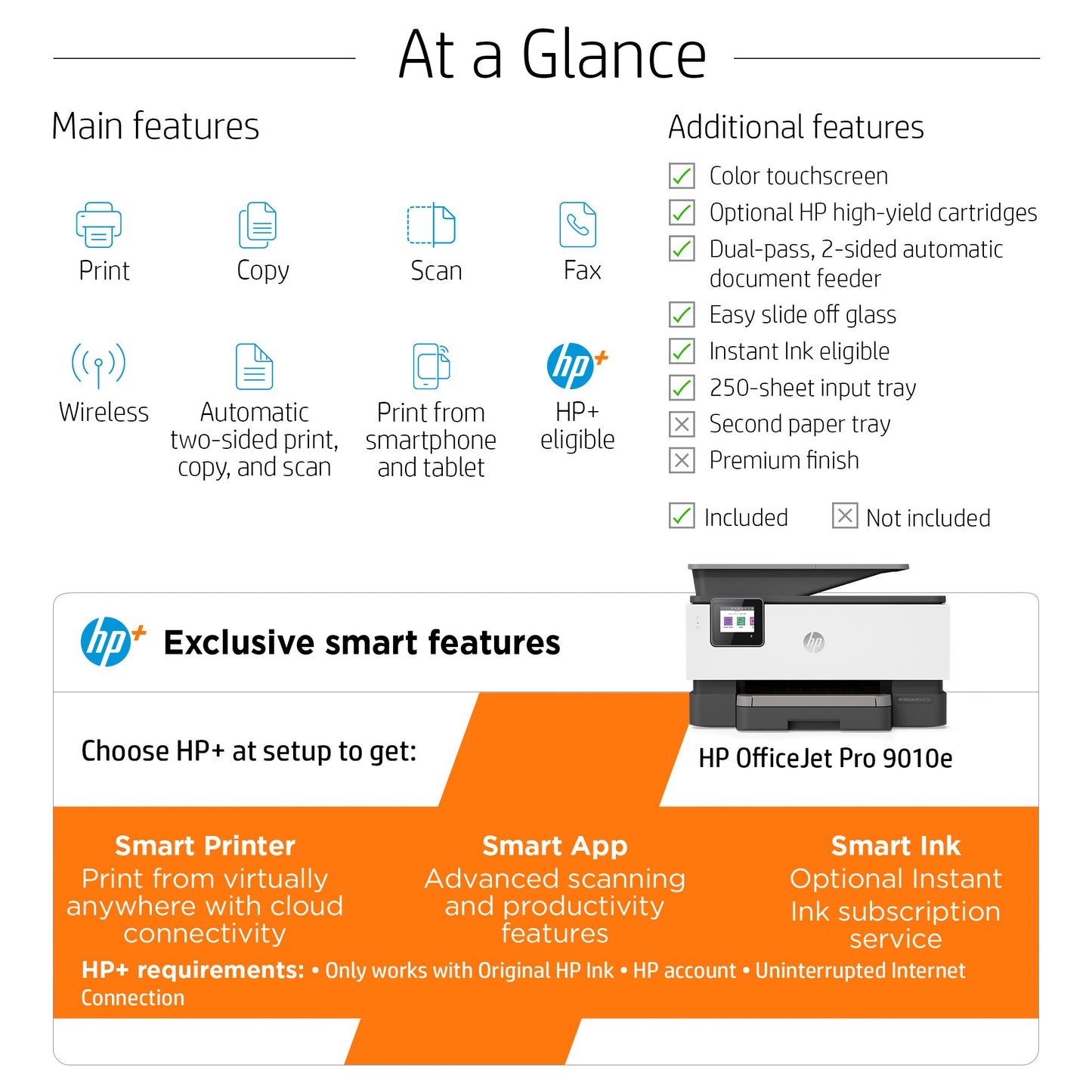 HP OfficeJet Pro 9010e Wireless All-in-One Color Printer, Instant Ink; Two-sided printing