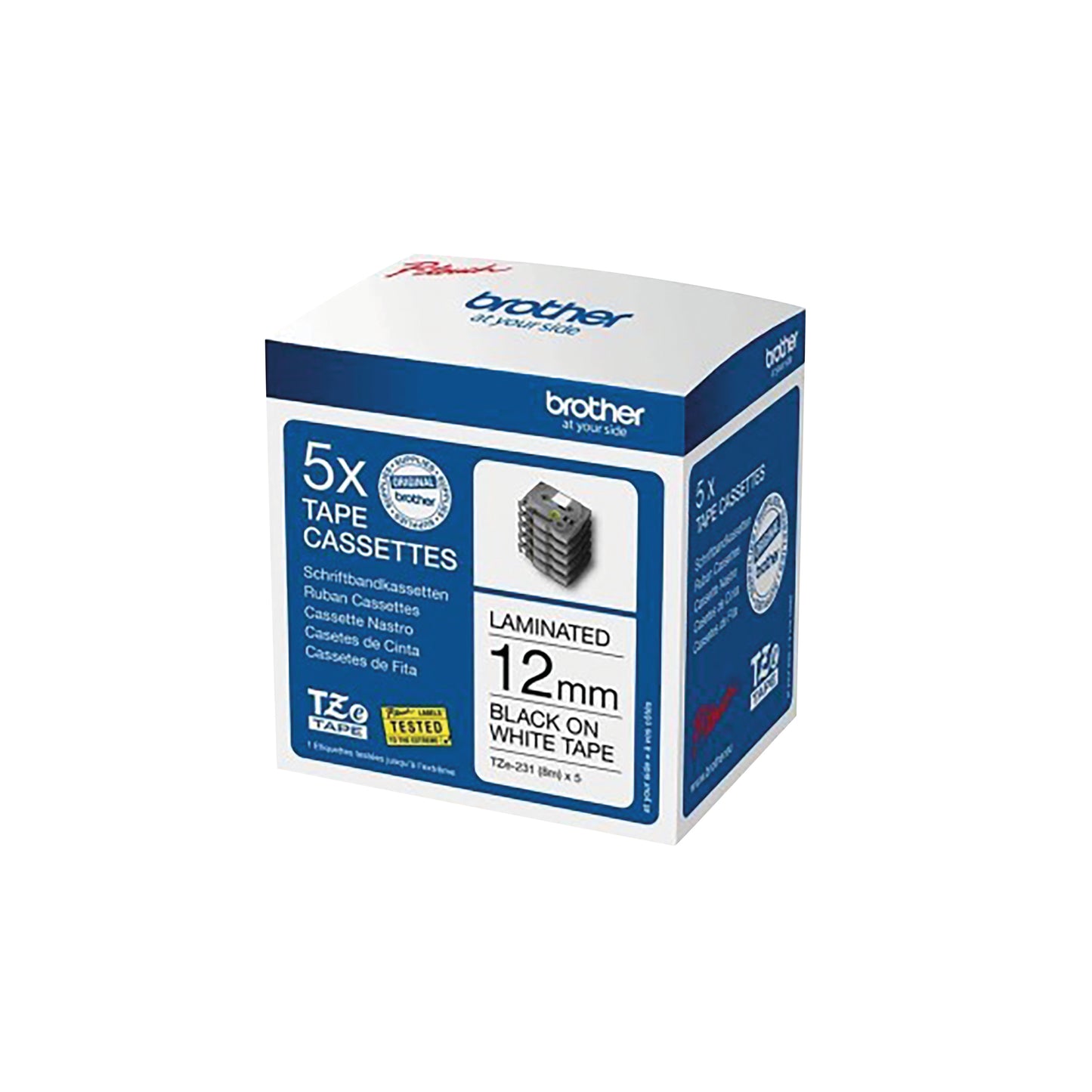 Brother P-Touch Tze Laminated Labelling Tape Cassettes 12mmx8m Black/White Tape (Pack of 5) TZE231M5