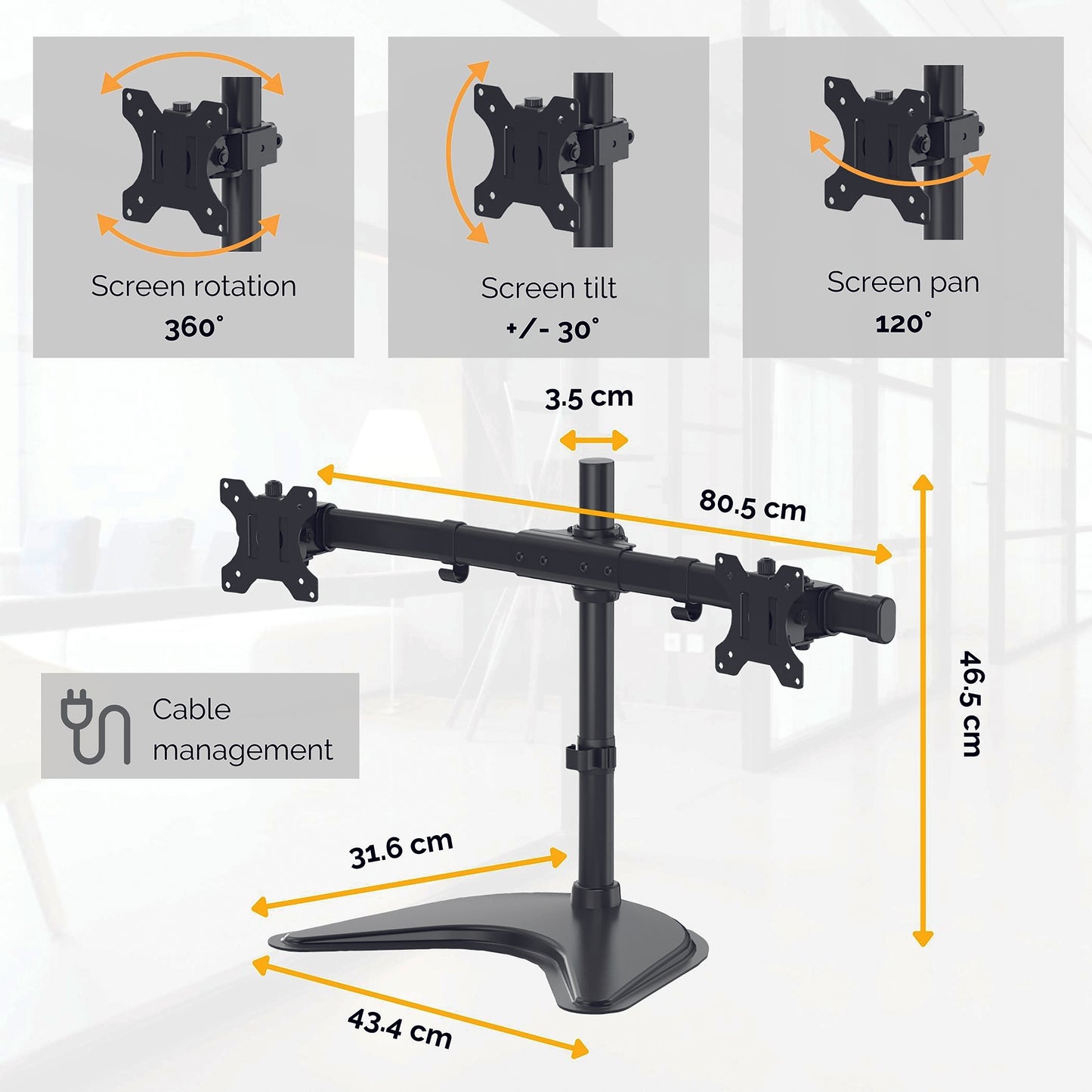 Fellowes Seasa Dual Monitor Arm - Freestanding Monitor Mount for 8KG 27 inch Screens - Ergonomic Adjustable Monitor Arm - Tilt 45° Pan 120° Rotation 360°, VESA 75 x 75/100 x 100 - Black