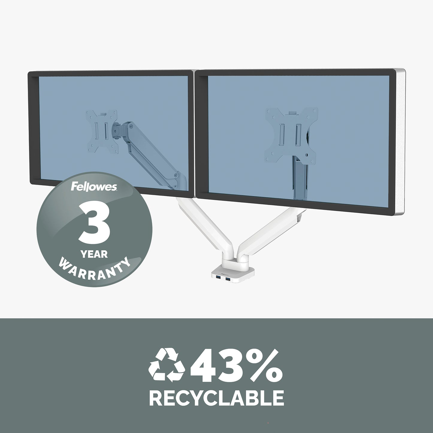 Fellowes Platinum Series Dual Monitor Arm - Monitor Mount for Two 8KG 40 Inch Screens - Adjustable Dual Monitor Desk Mount - Tilt 45° Pan 180° Swivel 360° Rotation 360°, VESA 75 x 75/100 x 100 - White