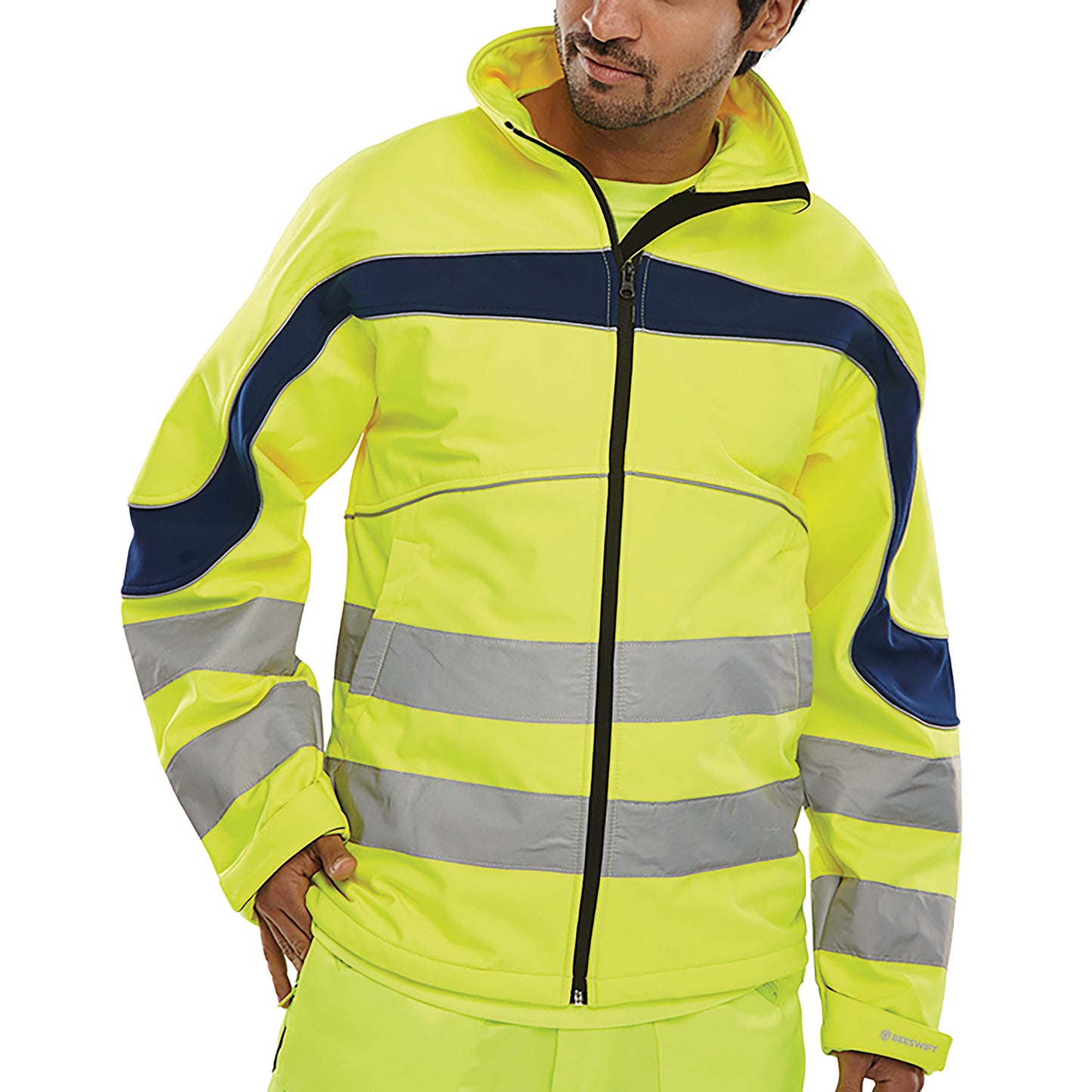 Beeswift Eton High Visibility Soft Shell Jacket Saturn Yellow/Navy Blue 3XL