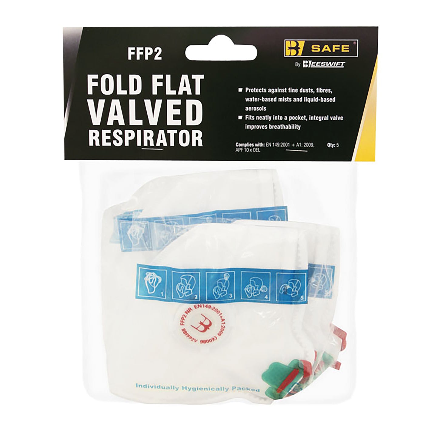 Beeswift FFP2V Vertical Fold Flat Valved Respirator Mask White (Pack of 5)