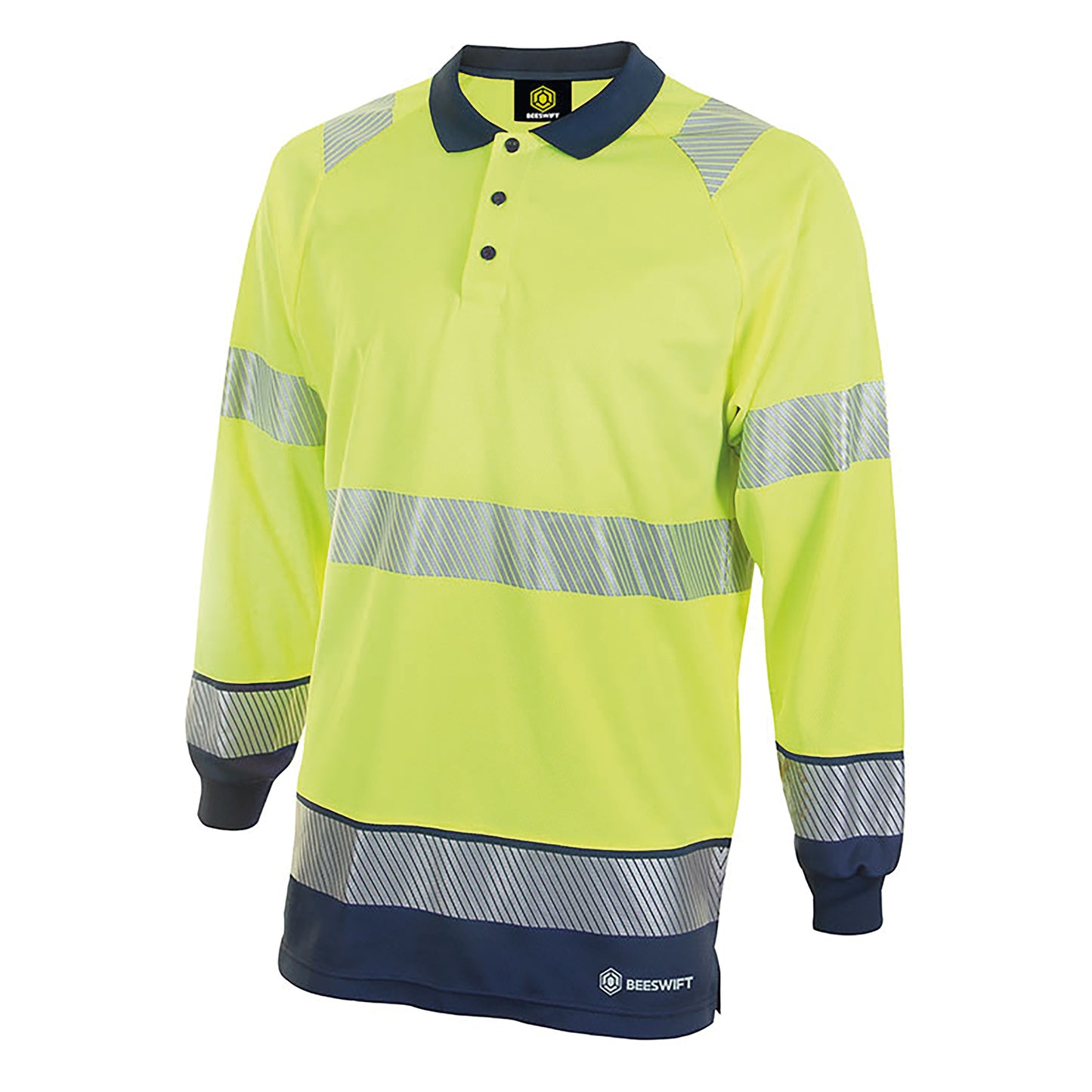 Beeswift High Visibility Two Tone Long Sleeve Polo Shirt Saturn Yellow/Navy Blue 3XL