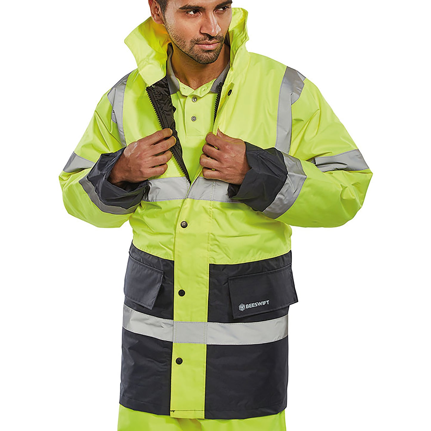 Beeswift Fleece Lined High Visibility Traffic Jacket Saturn Yellow/Navy Blue 5XL