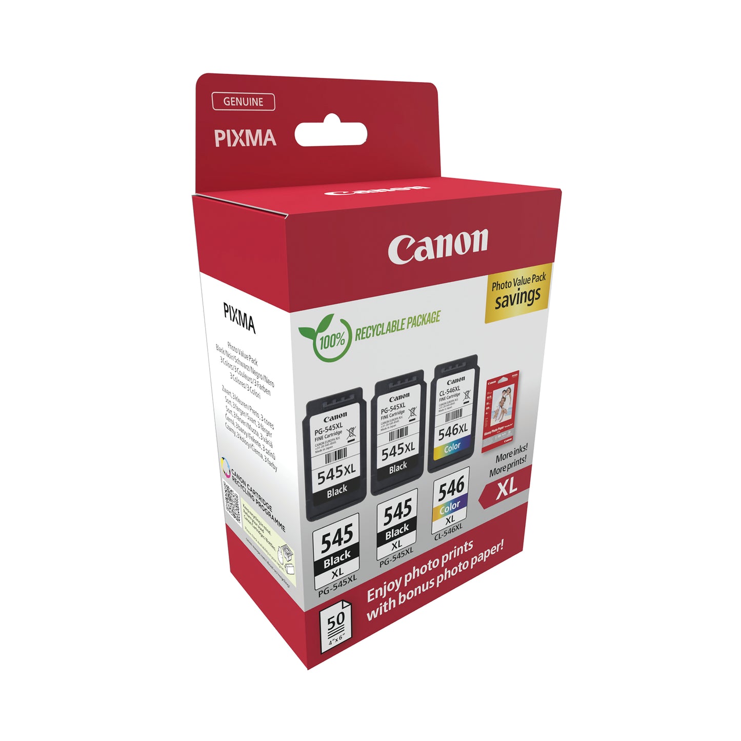 Canon PG-545XL x2/CL-546XL Inkjet Cartridge + Photo Paper Value Pack High Yield Blk/Colour 8286B015