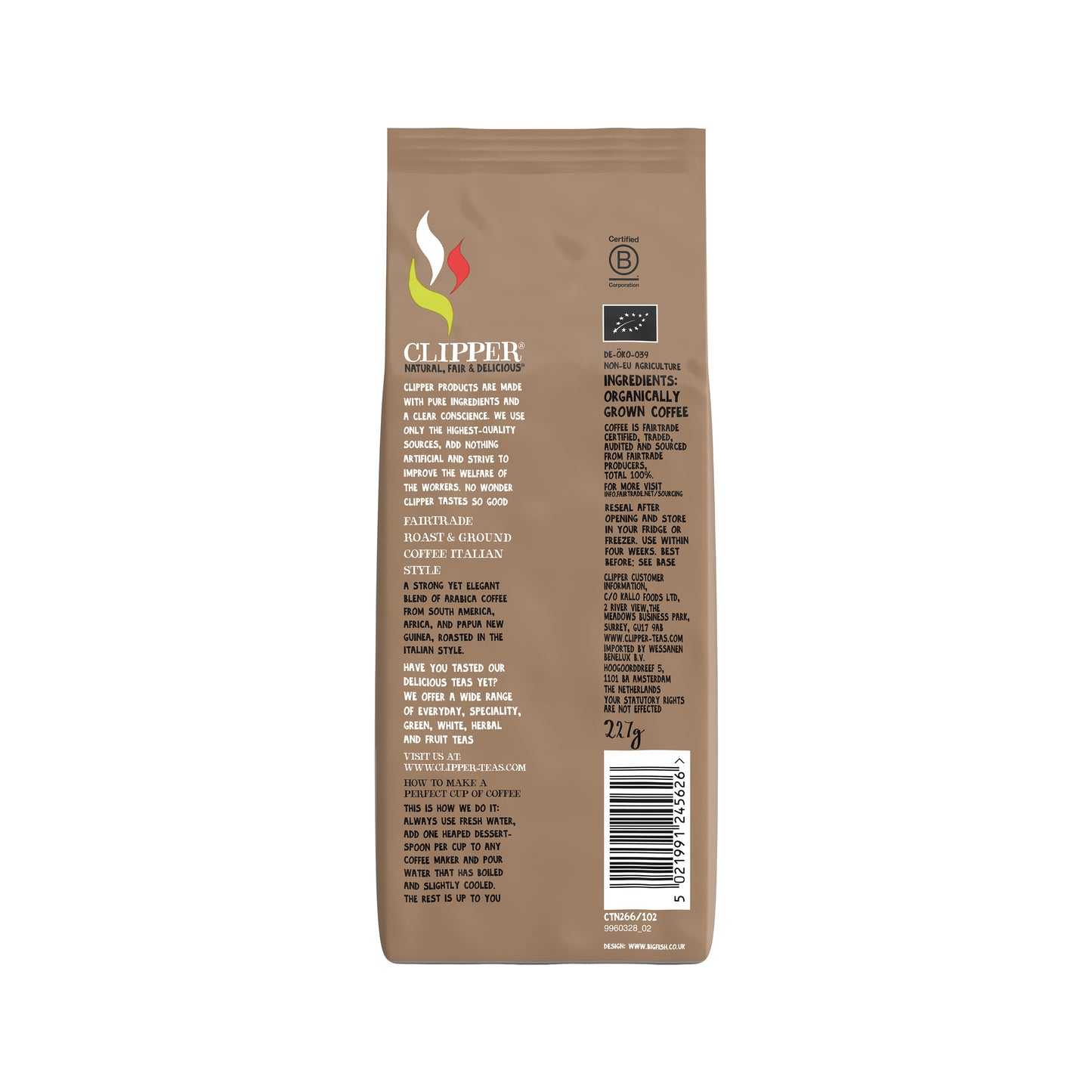 Clipper Fairtrade Italian Style Coffee Roast and Ground Organic 227g CTN266