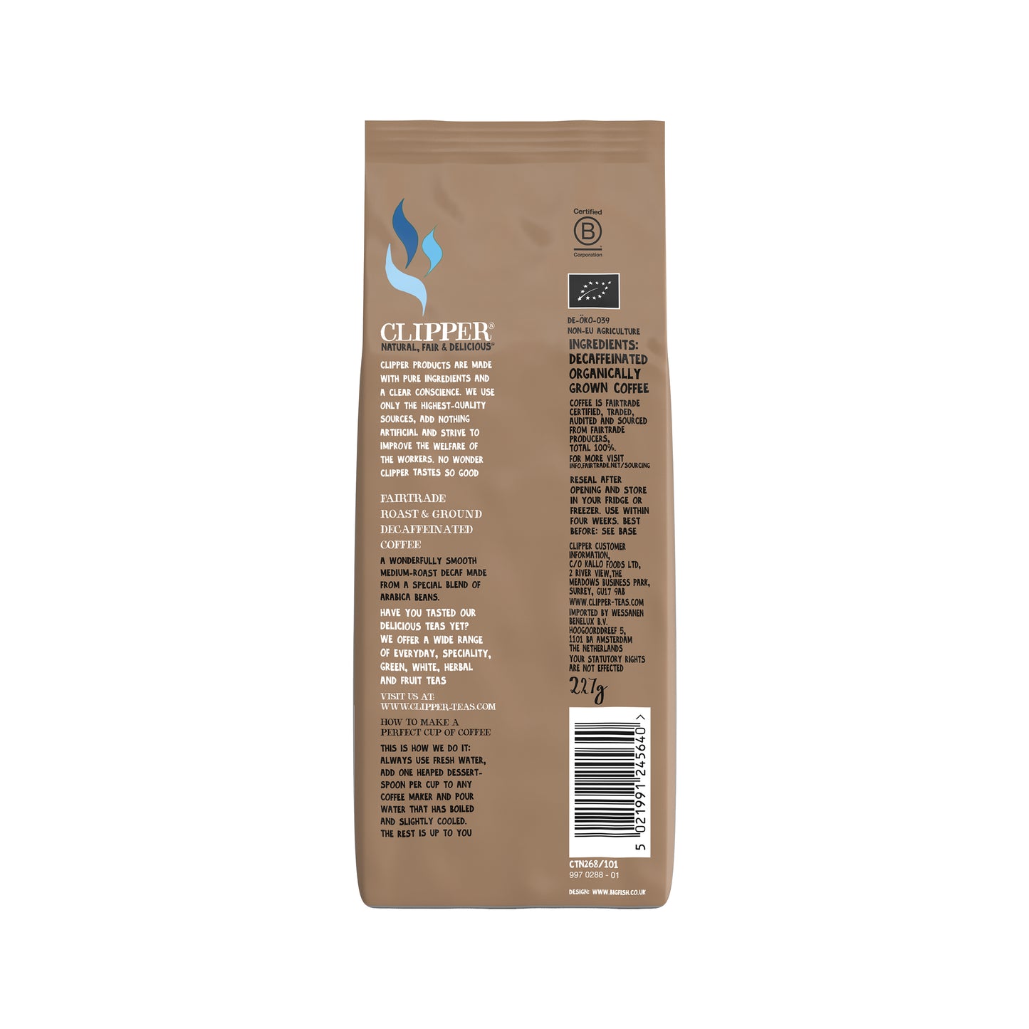 Clipper Fairtrade Decaffeinated Coffee Roast and Ground Organic 227g CTN268