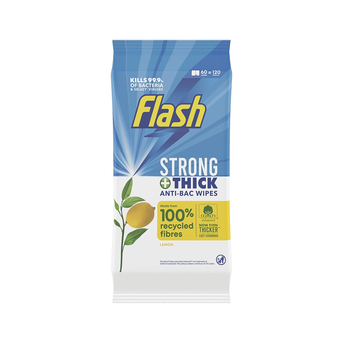 Flash Strong and Thick Anti-Bacterial Wipes Lemon (Pack of 60) 406127
