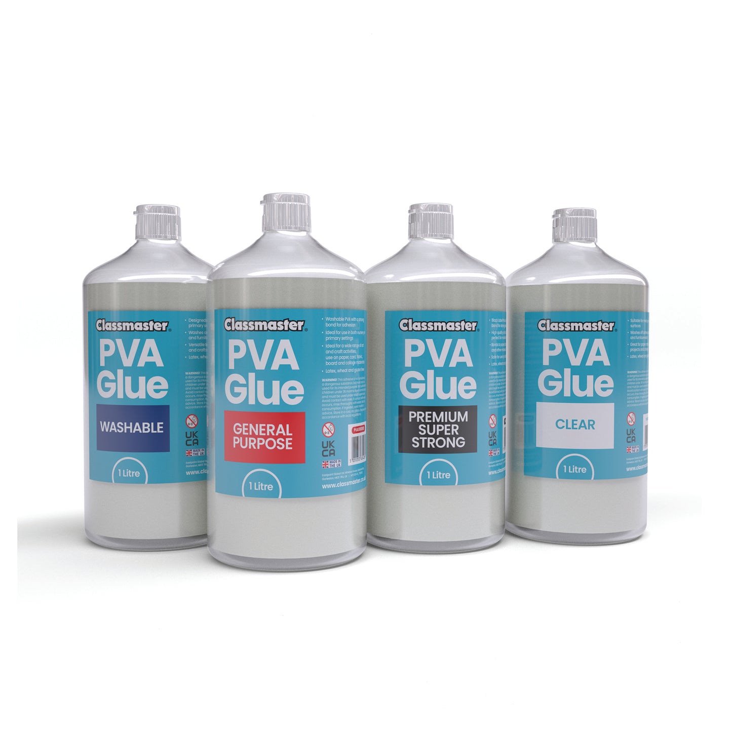Classmaster White Washable Blue Label PVA Glue 1L Bottle with Screw Cap PVA1000BU