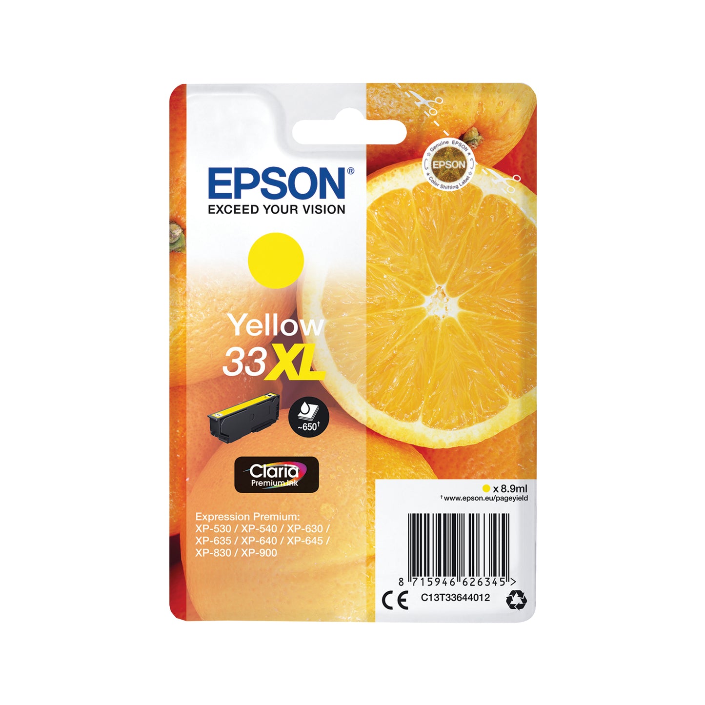 Epson 33XL Ink Cartridge Claria Premium High Yield Oranges Yellow C13T33644012