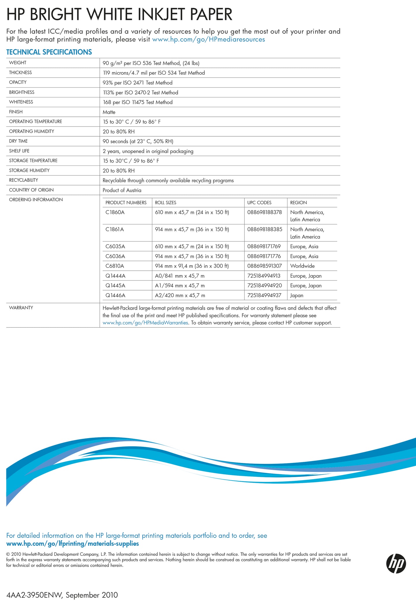 HP Bright White Inkjet Paper 841mm x45.7m (Quality 90 gsm paper reduces amount of smear) Q1444A