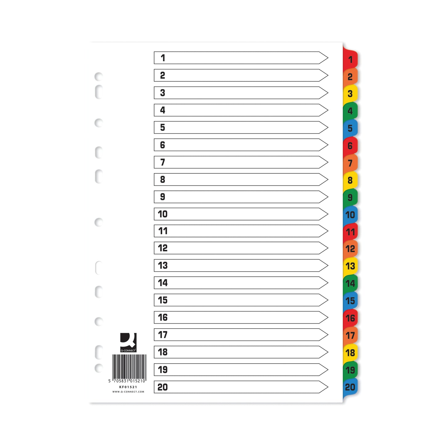 Q-Connect Index 1-20 Board Reinforced Multicoloured (Pack of 10) KF01521Q
