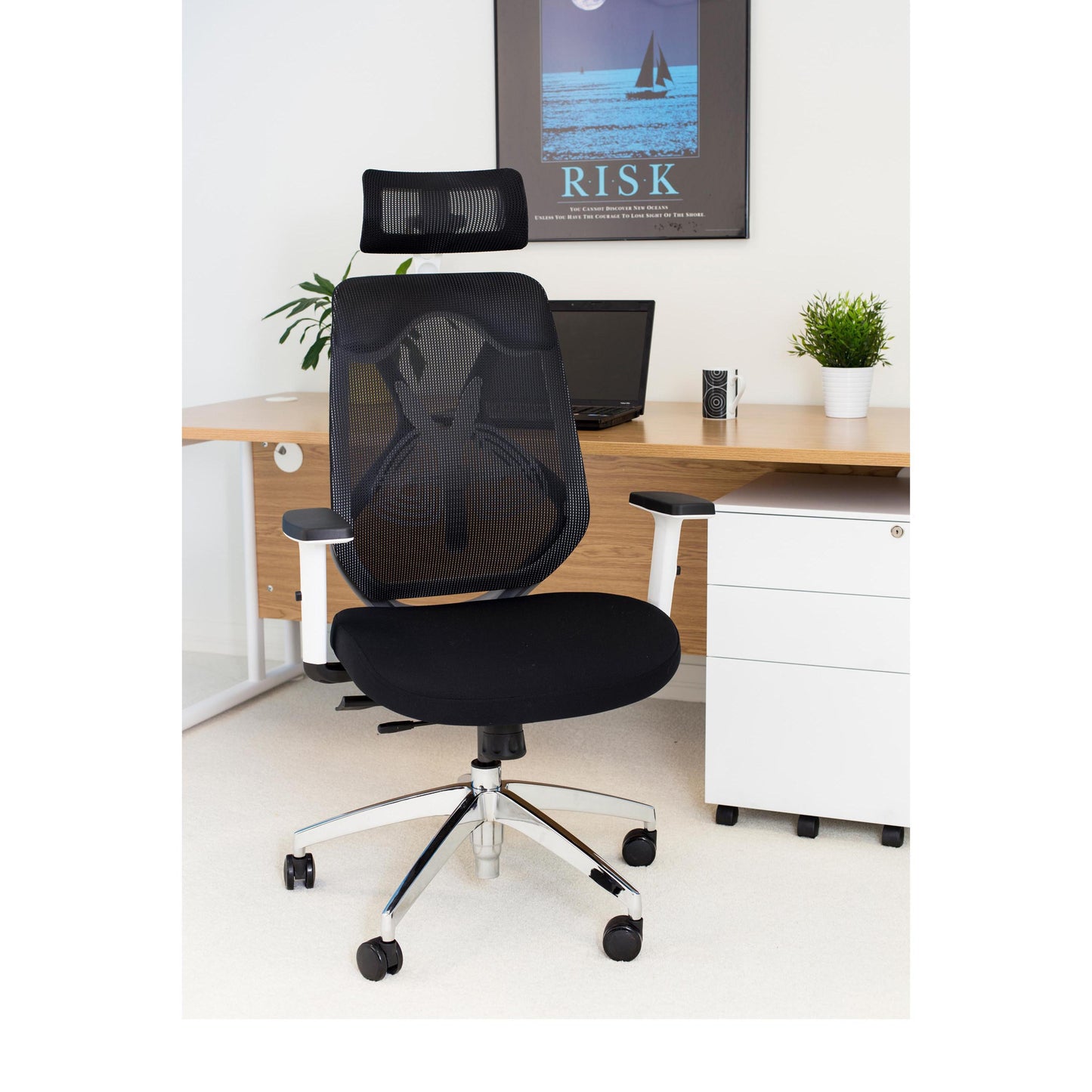 Polaris Stealth Operator Chair Headrest Adjustable Arms 660x660x1140-1240mm White/Black KF70060