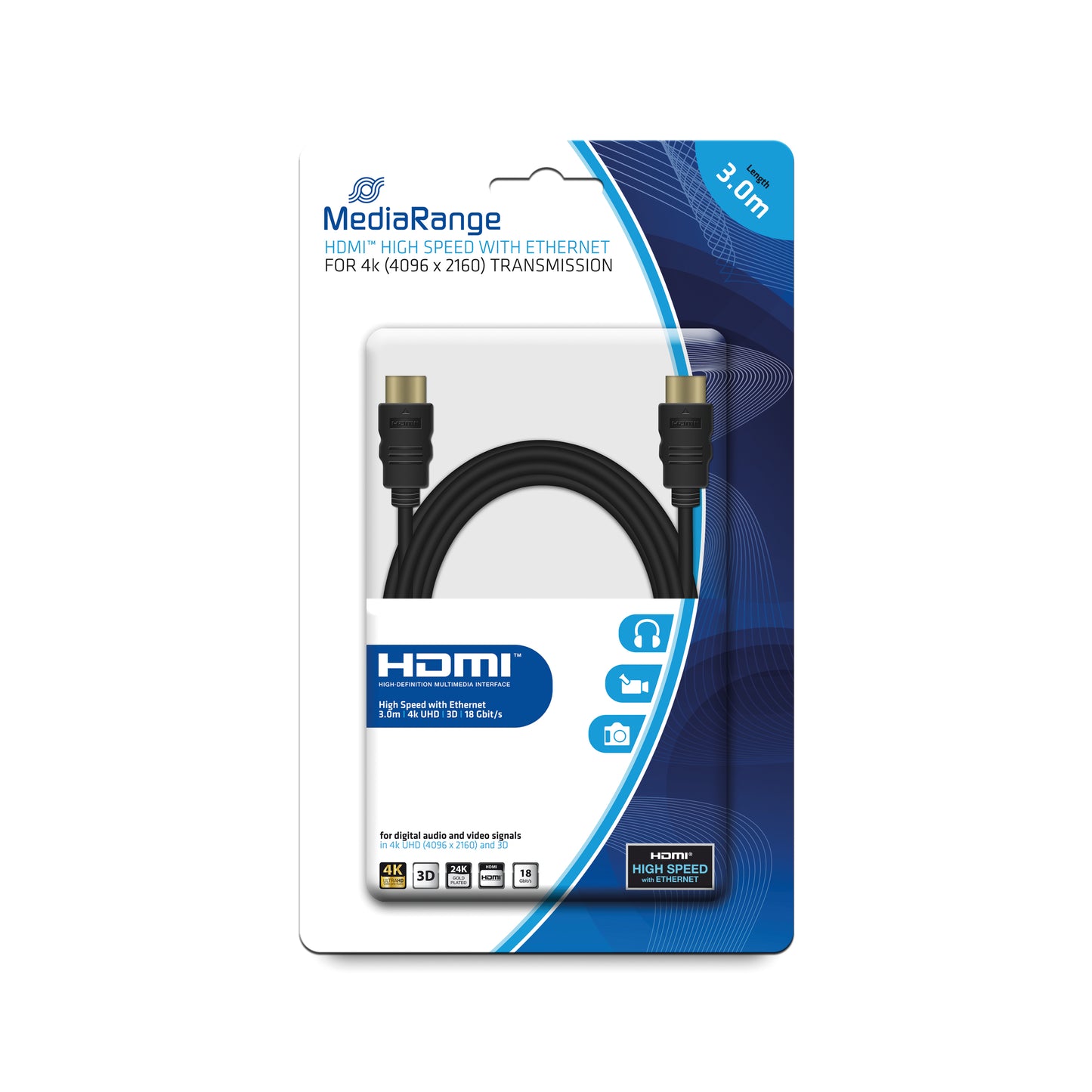 MediaRange HDMI Cable with Ethernet 18Gbit 3m Black MRCS157