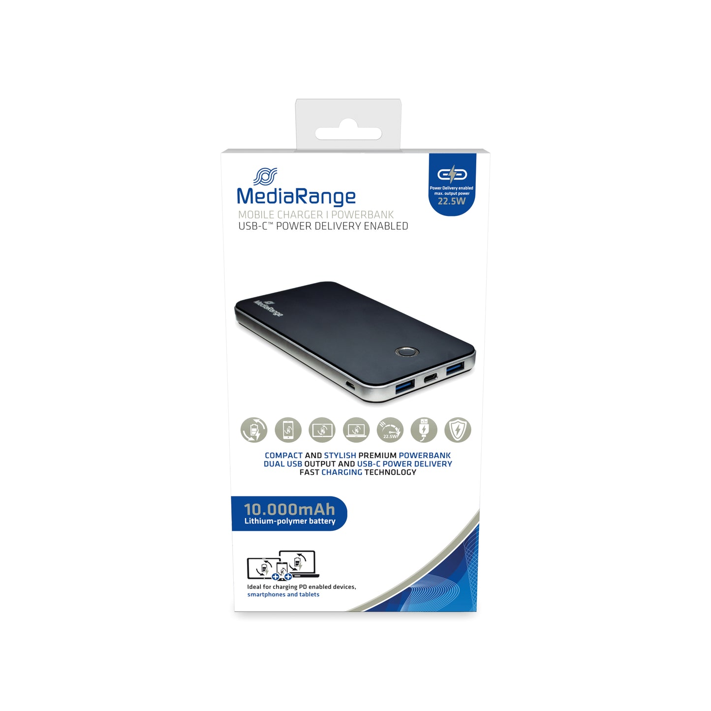 MediaRange Mobile Fast Charger Power Bank 10.000mAh 2x USB-A 1x USB-C Black/Silver MR753