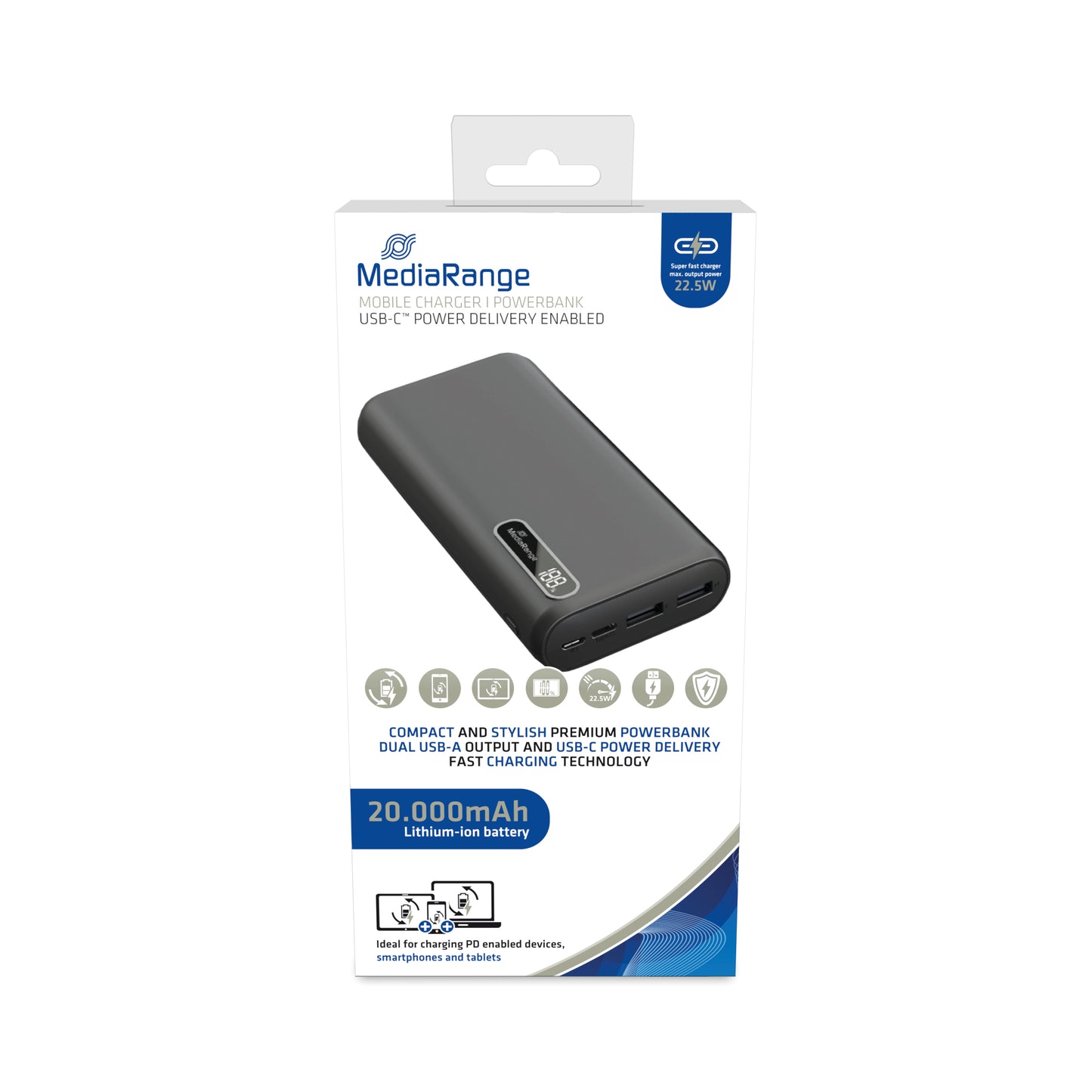 MediaRange Mobile Fast Charger Power Bank 20.000mAh 2x USB A x1 USB-C Black MR756