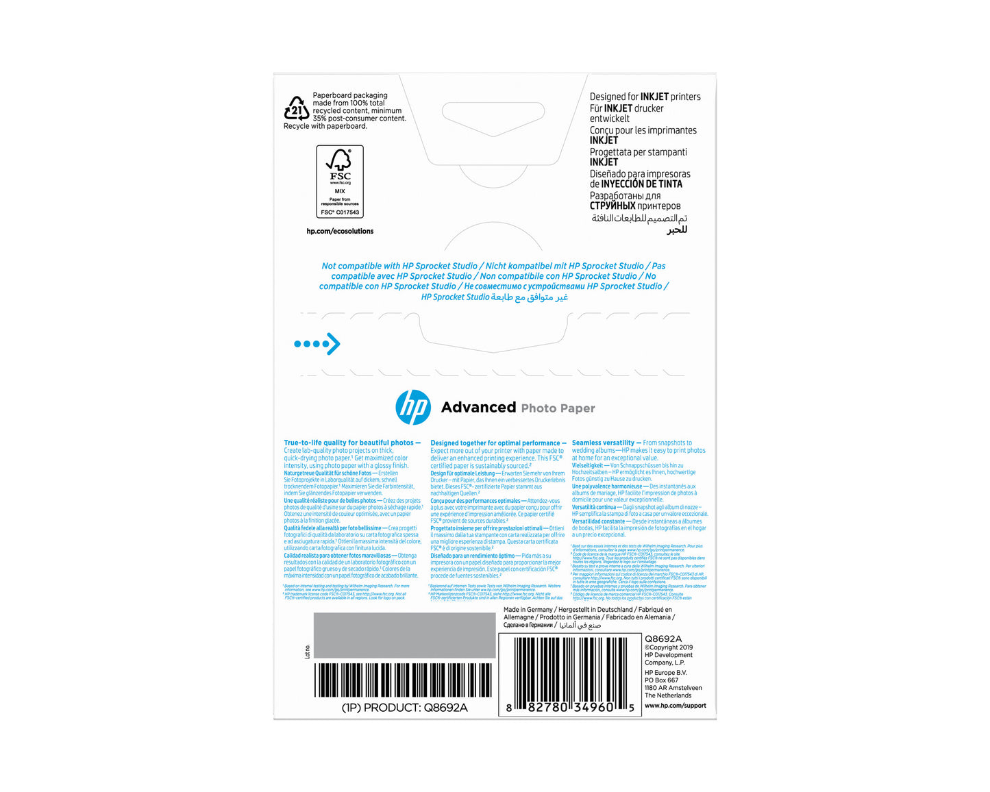 HP Advanced Glossy Photo Paper-100 sht/10 x 15 cm borderless