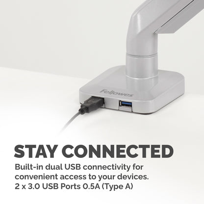 Fellowes Platinum Series Monitor Arm - Monitor Mount for 8KG 40 Inch Screens - Adjustable Monitor Desk Mount - Tilt 45° Pan 180° Swivel 360° Rotation 360°, VESA 75 x 75/100 x 100 - Silver