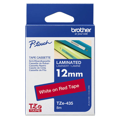 Brother TZE-435 label-making tape White on red