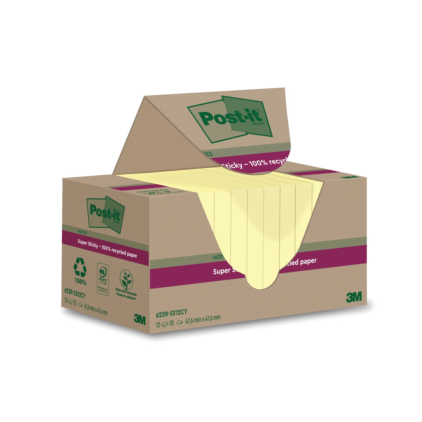 Post-it Super Sticky Recycled 47.6x47.6mm Yellow (Pack of 12) 622RSS12CY