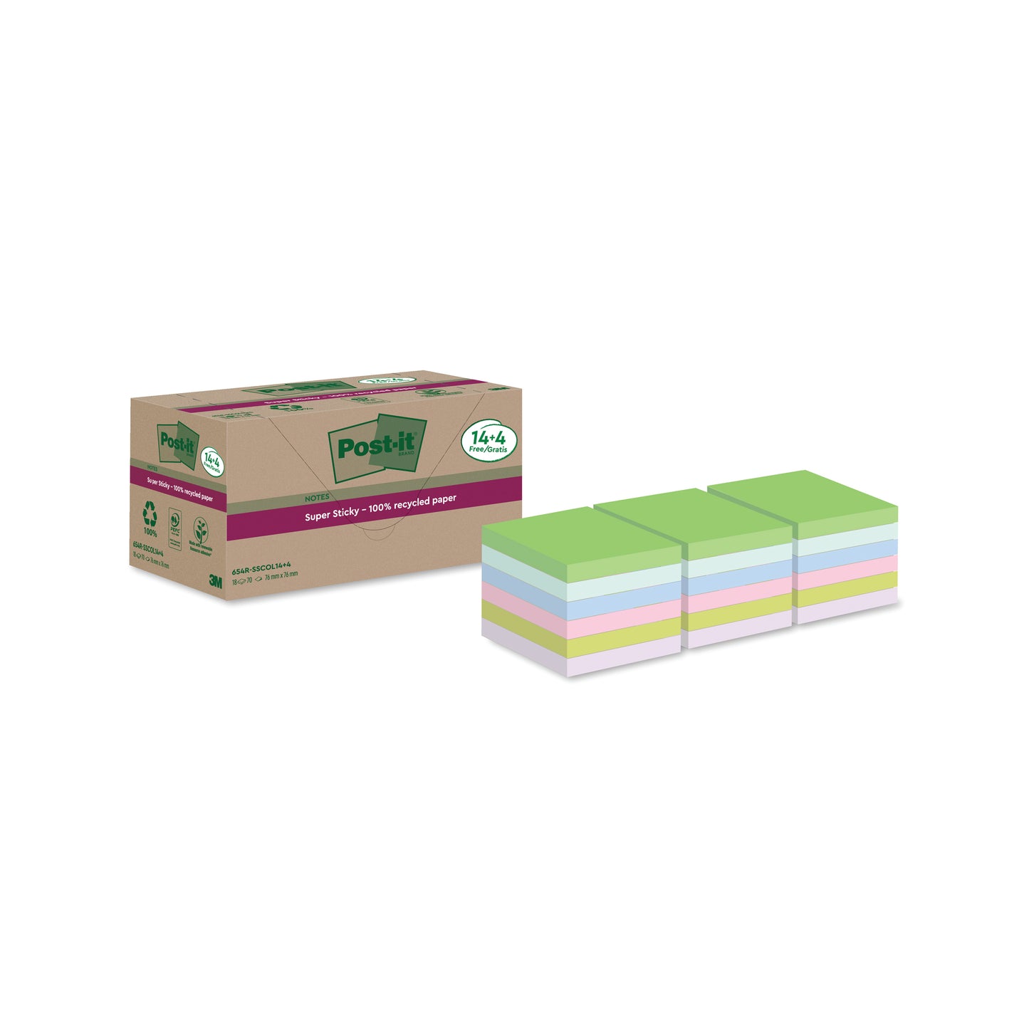 Post-it Super Sticky Recycled 76x76 Assorted (Pack of 18) 654RSSCOL14+4F