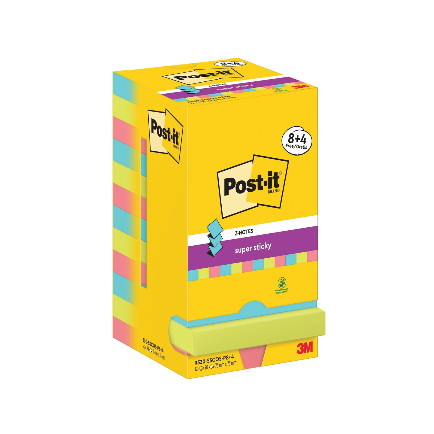 Post-it Super Sticky Z-Notes 76x76mm 90 Sheets Cosmic 8+4 FREE (Pack of 12) R330-SSCOS-P8+4