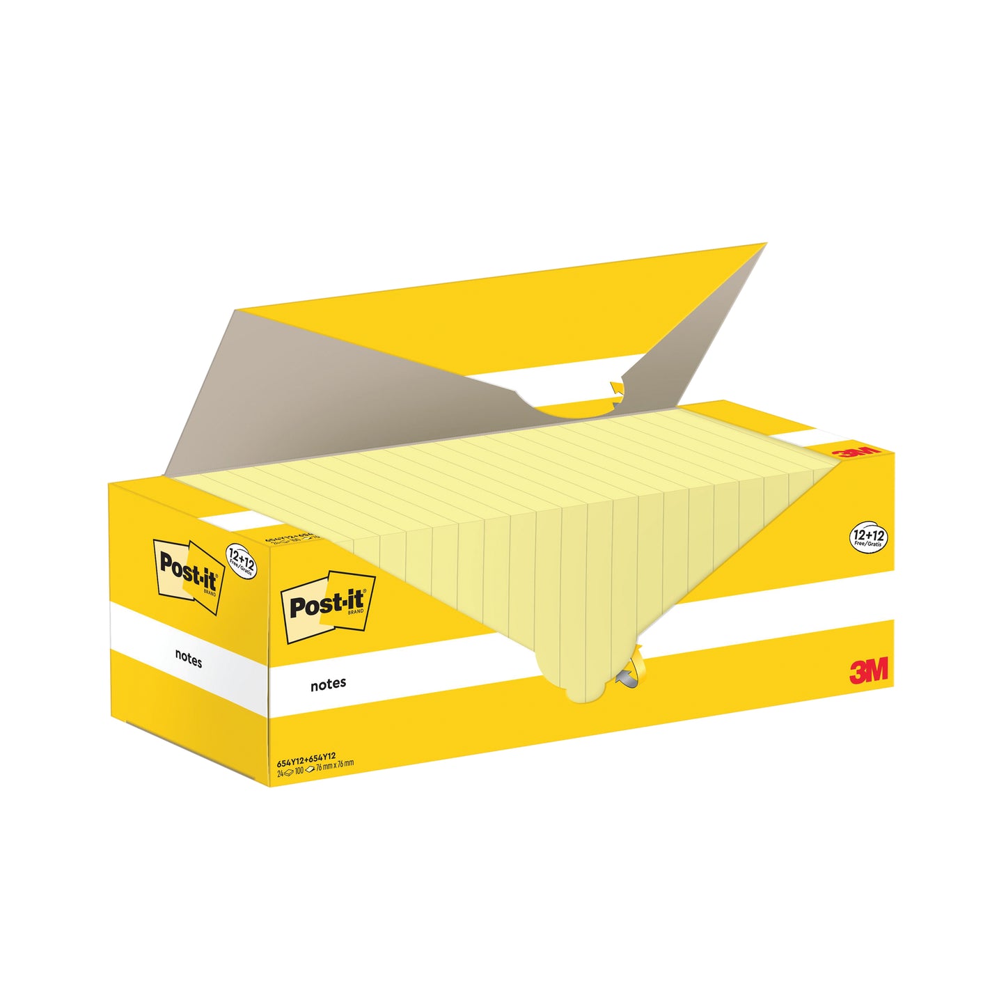 Post-it Notes 76x76mm 100 Sheets Canary Yellow 12 + 12 FREE (Pack of 24) 654Y12+654Y12