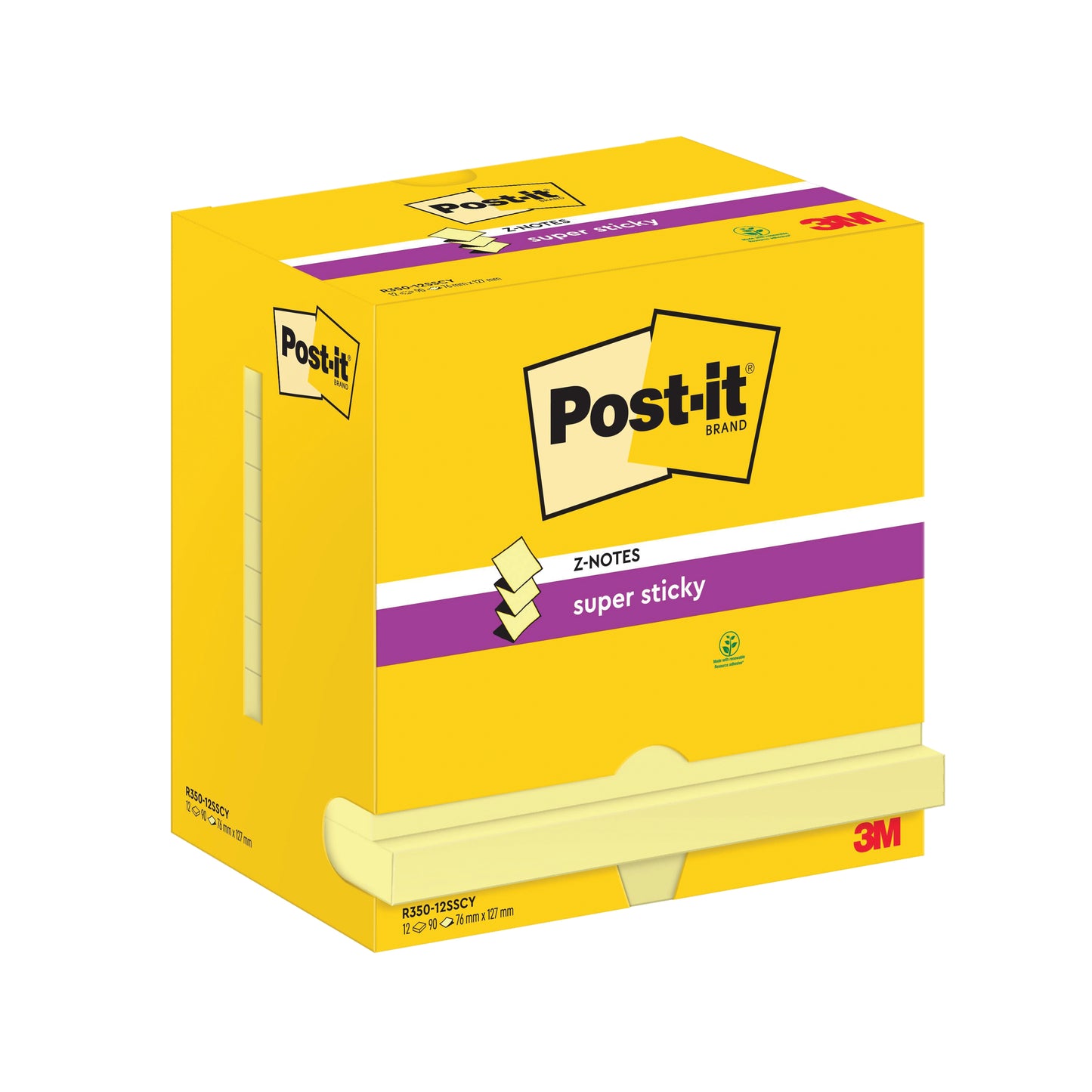 Post-it Super Sticky Z-Notes 76x127mm 90 Sheets Canary Yellow (Pack of 12) R350-12SSCY