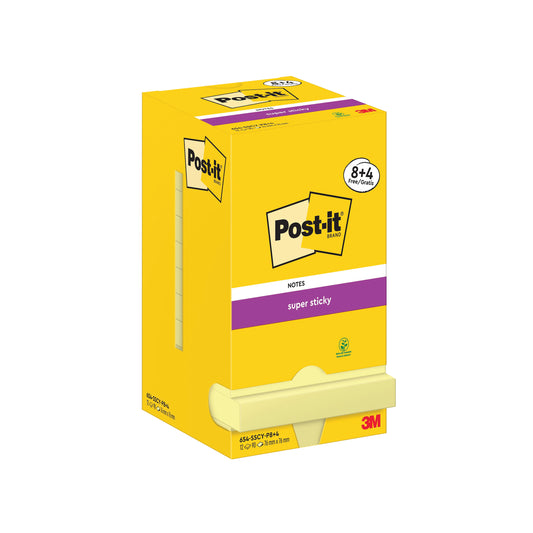 Post-it Super Sticky 76x76mm 90 Sheets Canary Yellow (Pack of 12) 654-SSCY-P8+4