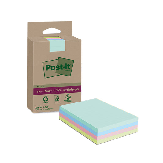 Post-it Super Sticky Recycled Notes Lined 102x152mm 45 Sheets Assorted (Pack of 4) 4645-RSSCOL4