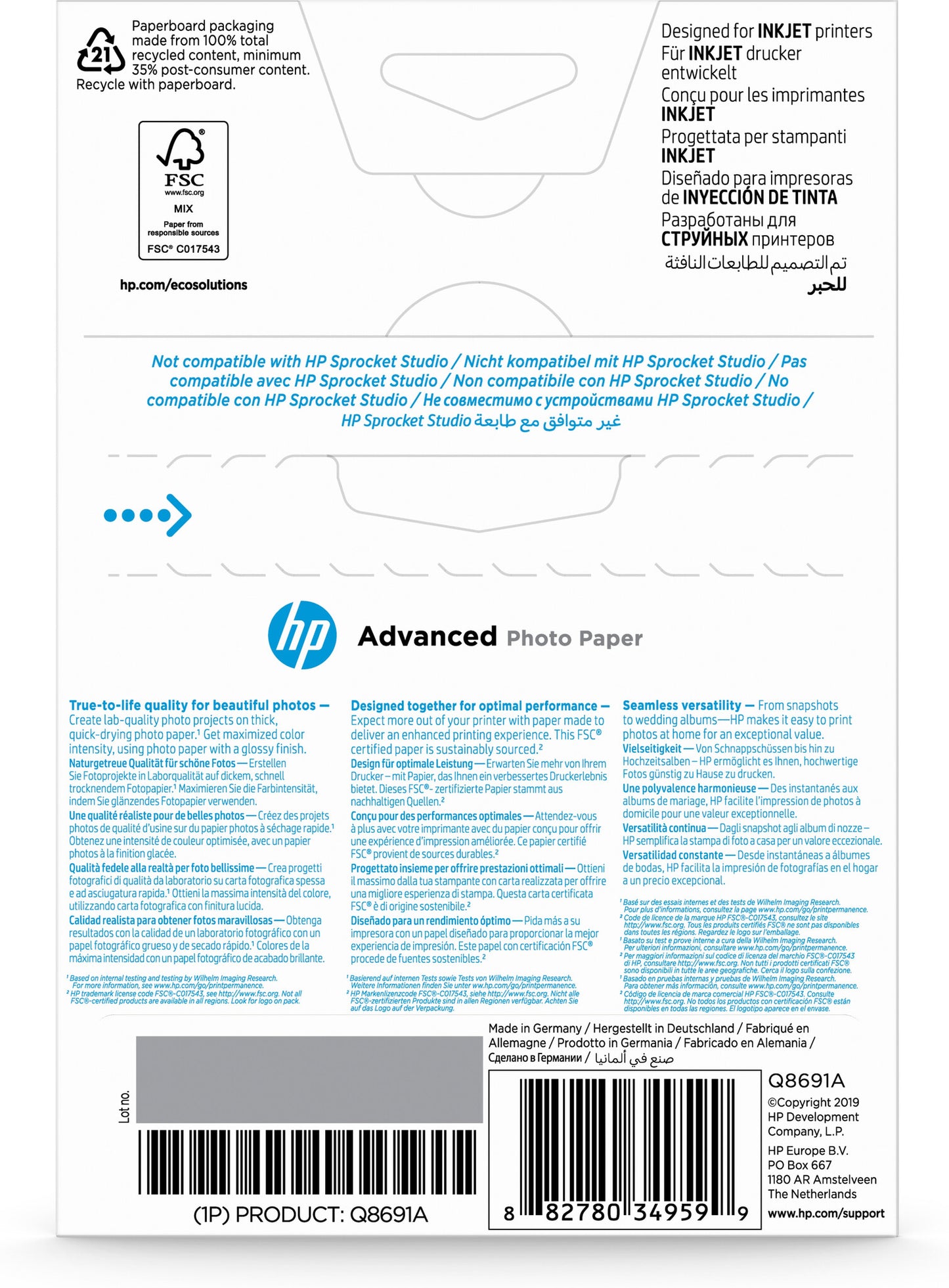 HP Advanced Photo Paper Glossy 250 g/m2 10 x 15 cm (101 x 152 mm) 25 sheets