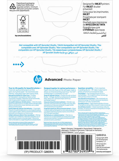 HP Advanced Photo Paper Glossy 250 g/m2 10 x 15 cm (101 x 152 mm) 25 sheets