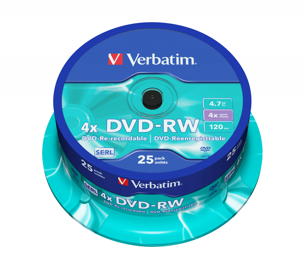 VERBATIM DVD+RW 4X 25PK SPINDLE 4.7GB MATT SILVER, 043489