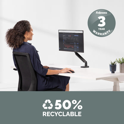 Fellowes Platinum Series Monitor Arm - Monitor Mount for 8KG 40 Inch Screens - Adjustable Monitor Desk Mount - Tilt 45° Pan 180° Swivel 360° Rotation 360°, VESA 75 x 75/100 x 100 - Black