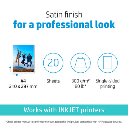 HP Premium Plus Photo Paper, Satin, 300 g/m2, A4 (210 x 297 mm), 20 sheets