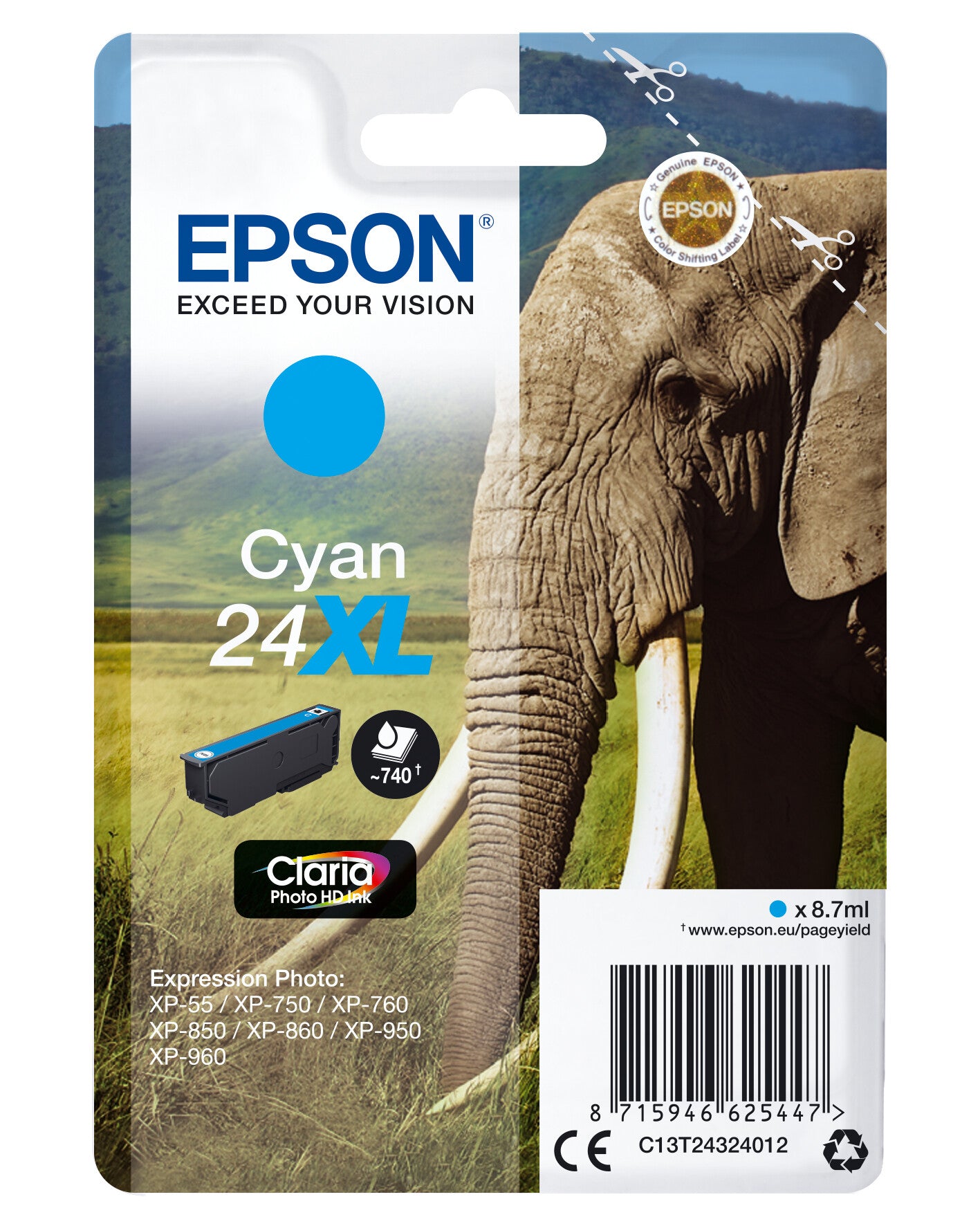 Epson Elephant Singlepack Cyan 24XL Claria Photo HD Ink