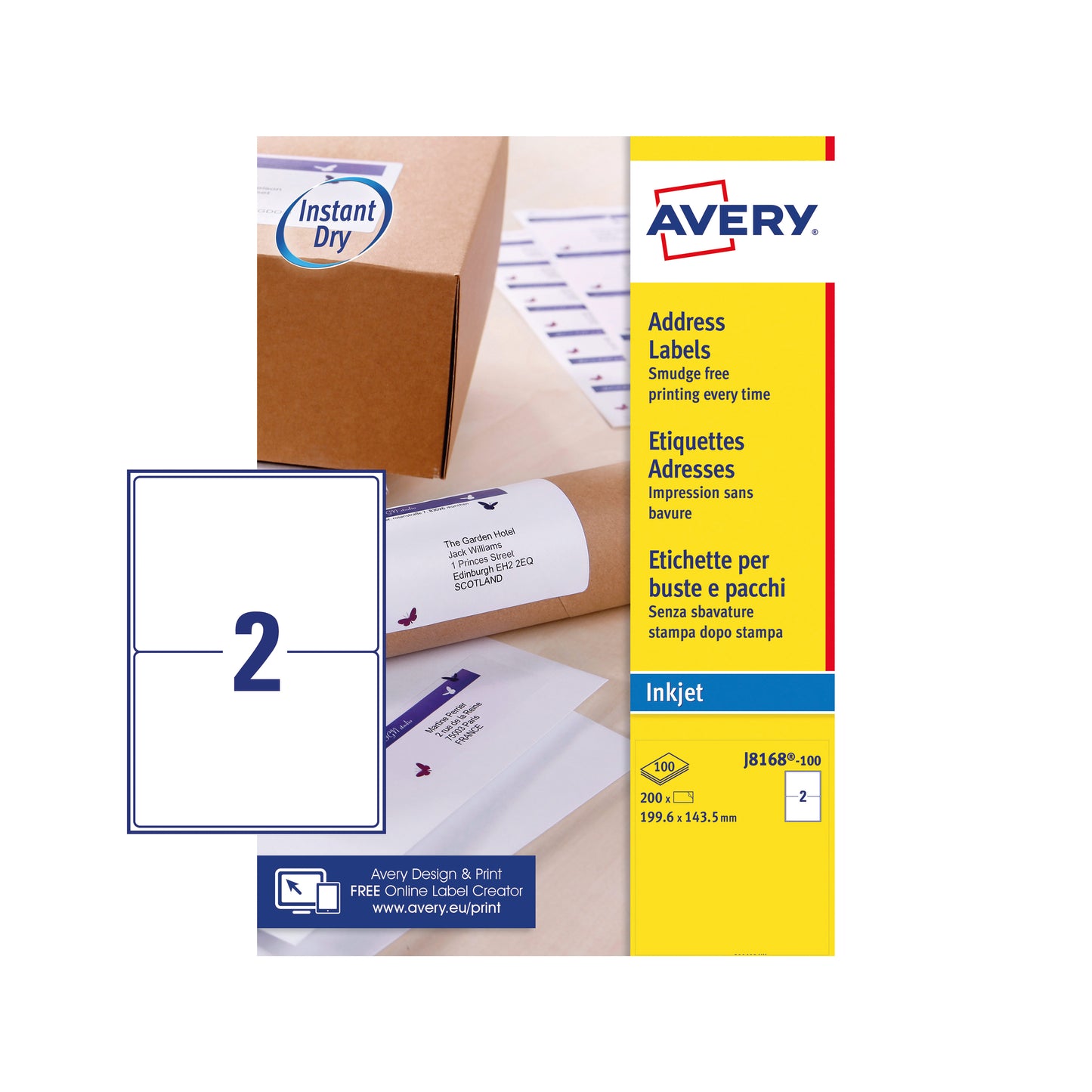 Avery Inkj Label 199.6x143.5mm 2 Per Sheet Wht (Pack of 200) J8168-100