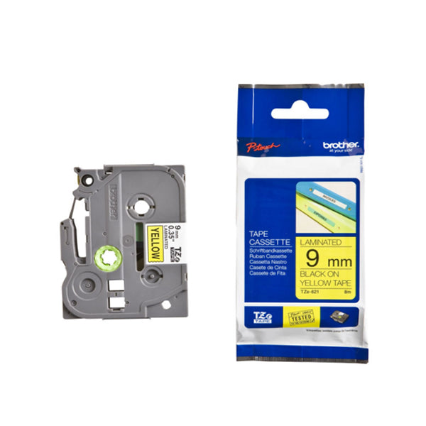 Brother P-Touch TZe Laminated Tape Cassette 9mm x 8m Black on Yellow Tape TZE621