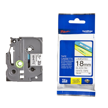 Brother P-Touch TZe Laminated Tape Cassette 18mm x 8m Black on White Tape TZE241