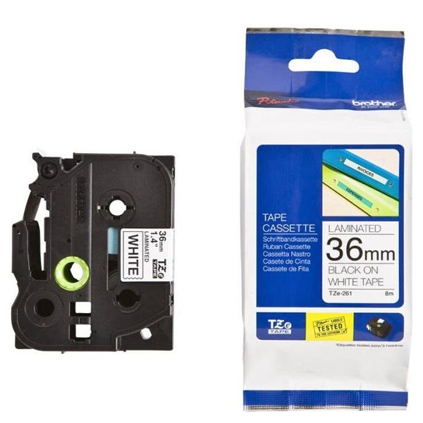 Brother P-Touch TZe Laminated Tape Cassette 36mm x 8m Black on White Tape TZE261