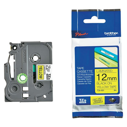 Brother P-Touch TZe Laminated Tape Cassette 12mm x 8m Black on Yellow Tape TZE631