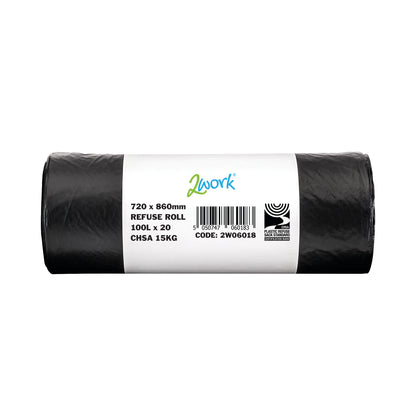 2Work Refuse Sack 100 Litre 20 Bags per Roll (Pack of 10) Black 2W06018