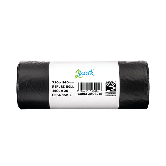 2Work Refuse Sack 100 Litre 20 Bags per Roll (Pack of 10) Black 2W06018