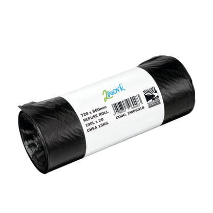 2Work Refuse Sack 100 Litre 20 Bags per Roll (Pack of 10) Black 2W06018