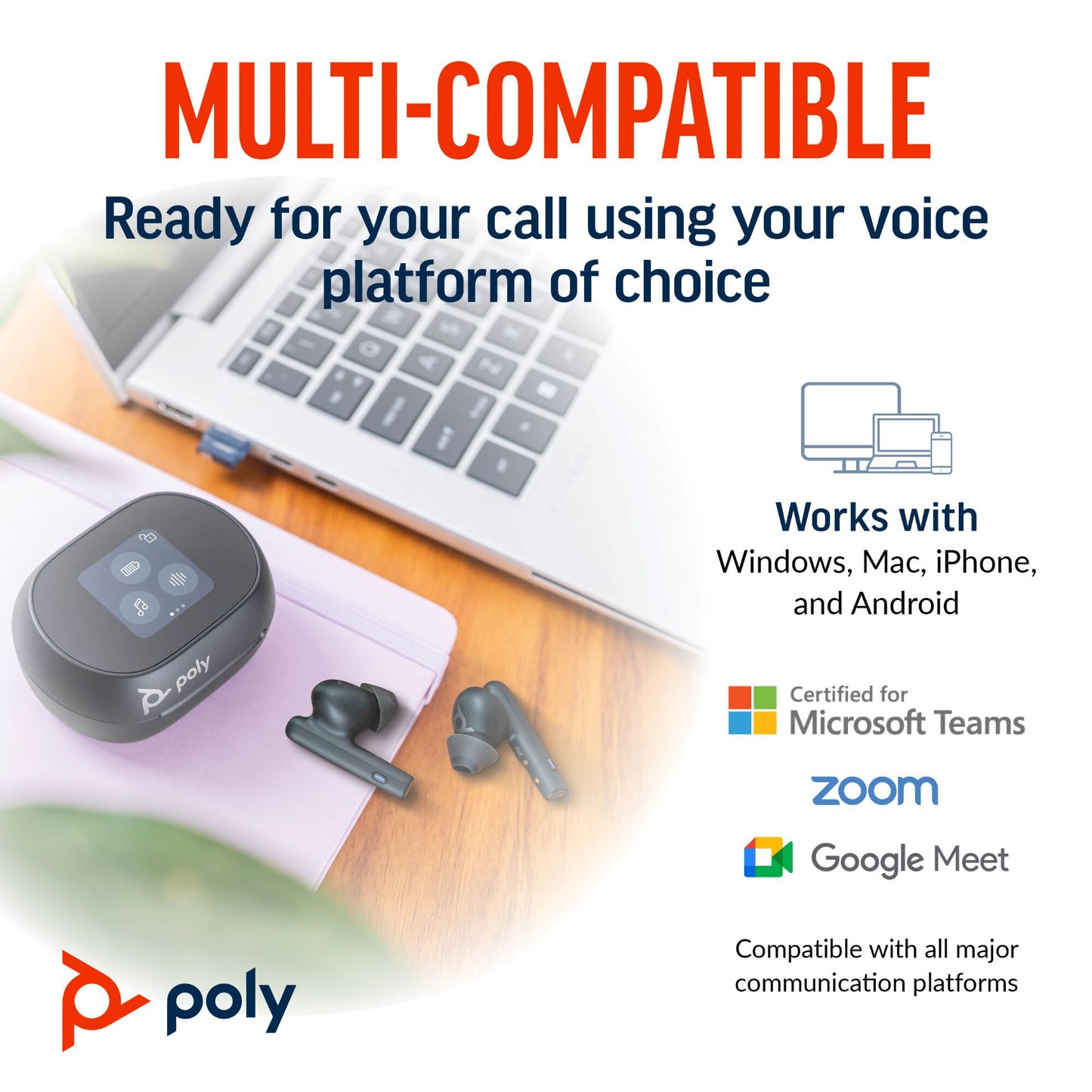 POLY Voyager Free 60+ UC M Carbon Black Earbuds +BT700 USB-C Adapter +Touchscreen Charge Case